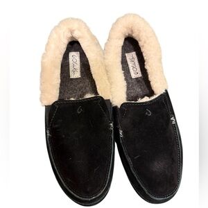 NWOT Olukai Ku'una Slipper Shoes Women's 7 Black Suede Shearling Moccasin